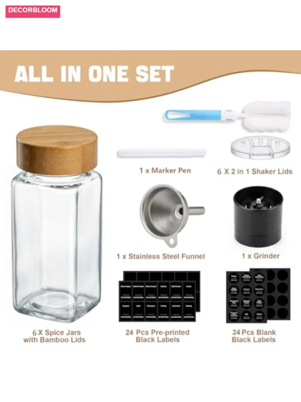 6pcs 4oz Glass Spice Jars with Shaker Lids, Labels, Funnel